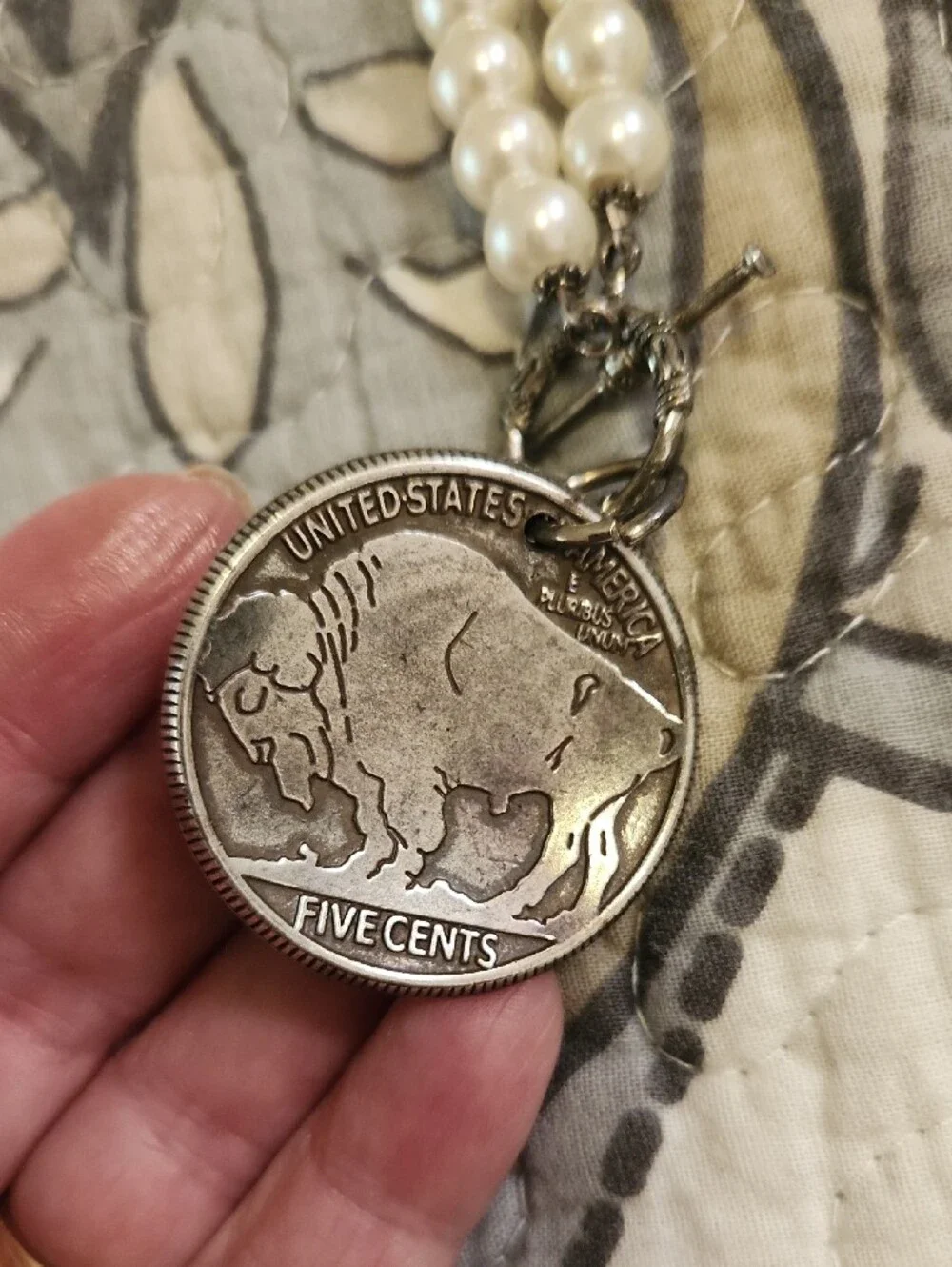 Boutique White Pearl Necklace with Buffalo Nickel Pendant
